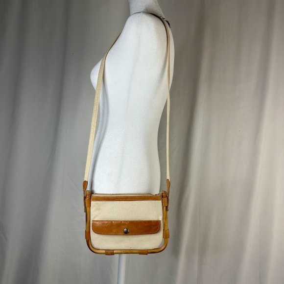 Vintage Slim Beige Tan Canvas Bamboo Frame Shoulder Mini Bag - Picture 2 of 9